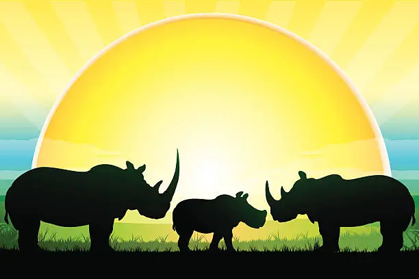 Vector illustration of African Rhinos Family silhouettes safari in the day