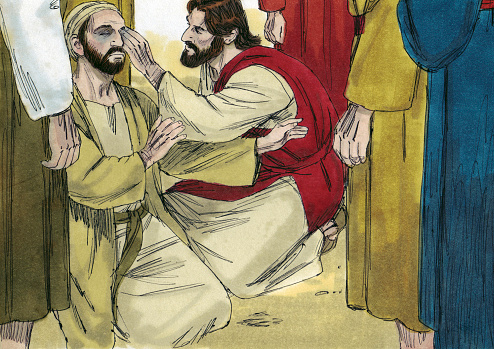 One Sabbath, Jesus noticed a blind man. Jesus healed the man who had been blind from birth. The man shared what Jesus had done for him. When the Pharisees heard about it, they became angry through the man out of the synagogue. The man was loyal to Jesus, thanked him and became a follower of Jesus.