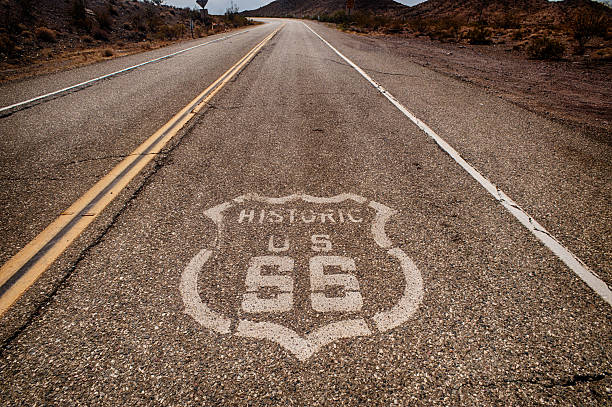 Close up of Historic Route 66 painted on the road stock photo