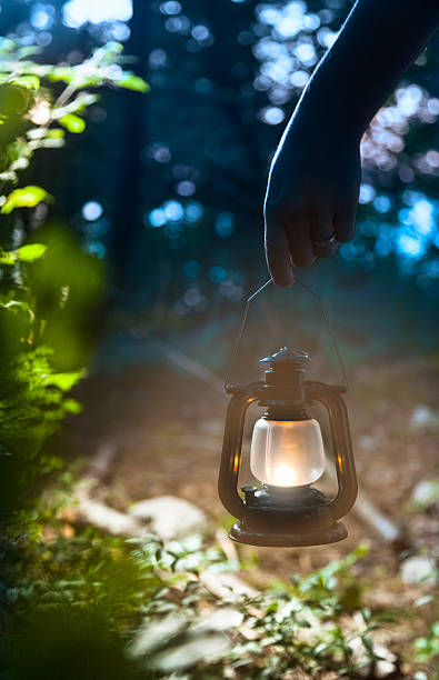 istock Woman with lantern in dark forest 471891779