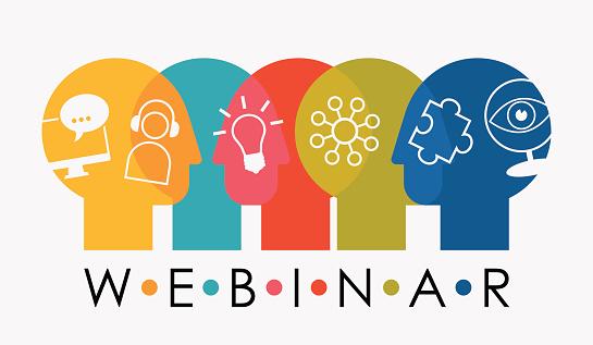 Webinar Sign concept, created from overlapping stylized heads + webinar related outline icons. EPS 10, no transparencies used. Used typography Century Gothic.
