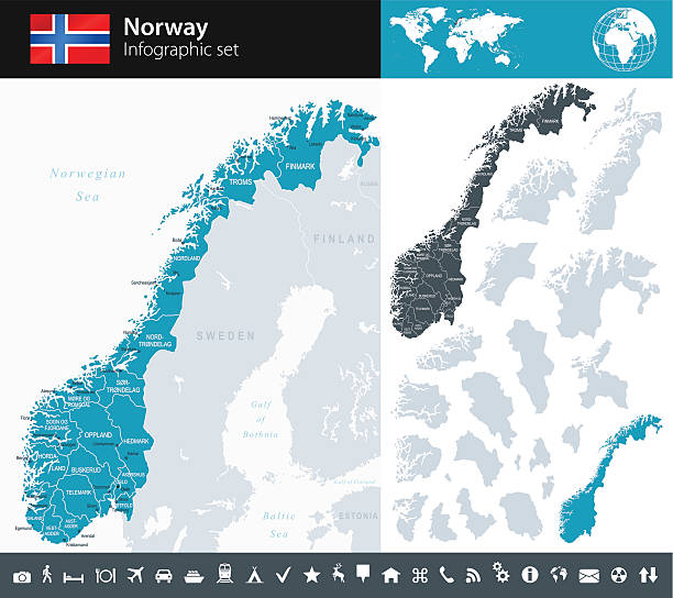 illustrazioni stock, clip art, cartoni animati e icone di tendenza di norvegia-infografica mappa-illustrazione - map of norway