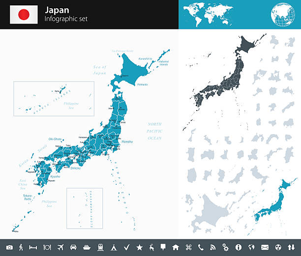 Japan - Infographic map - illustration Vector maps of Japan with variable specification and icons kanagawa prefecture stock illustrations