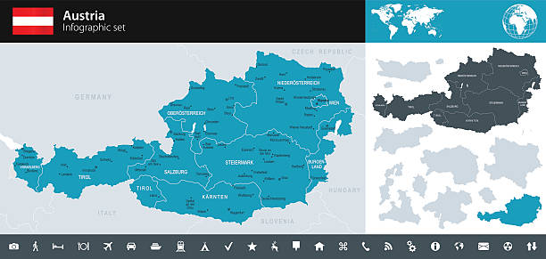 Austria - Infographic map - illustration Vector maps of Austria with variable specification and icons austria map stock illustrations