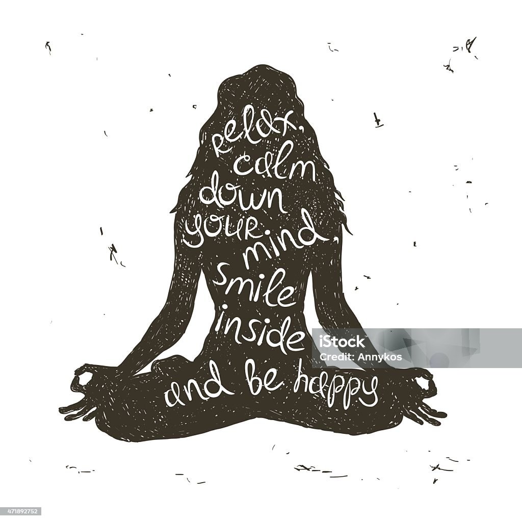Woman silhouette sitting in lotus pose of yoga. Hand drawn grunge illustration. Isolated woman silhouette sitting in lotus pose of yoga. Creative typography poster. Yoga stock vector