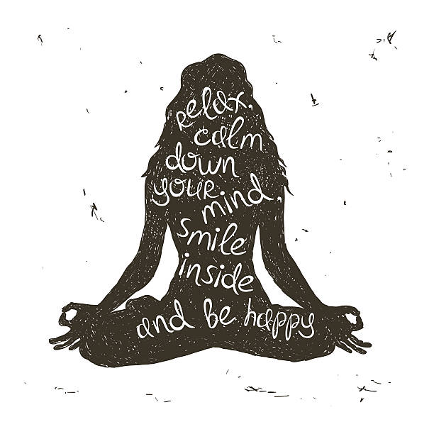 Woman silhouette sitting in lotus pose of yoga. Hand drawn grunge illustration. Isolated woman silhouette sitting in lotus pose of yoga. Creative typography poster. inspiration silhouettes stock illustrations