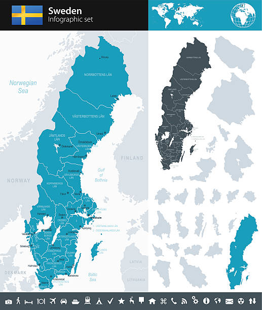 schweden-infografik karte-illustration - falun stock-grafiken, -clipart, -cartoons und -symbole