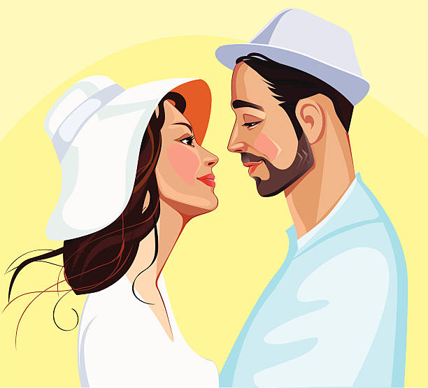 images of men and women in profile in hats vector art illustration