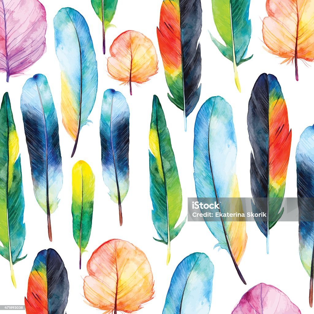 Watercolor feathers set. Hand drawn vector illustration with colorful feathers. Watercolor feathers set. Hand drawn vector illustration with colorful feathers. Pattern with hand drawn feathers. Feather isolated on white background Feather stock vector