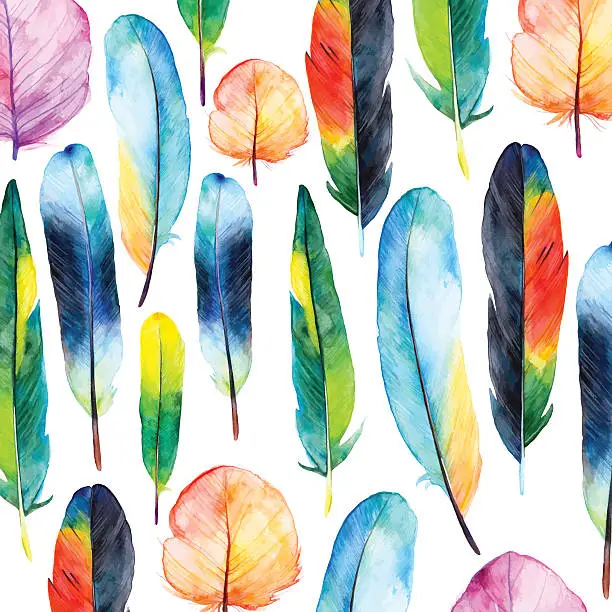 Vector illustration of Watercolor feathers set. Hand drawn vector illustration with colorful feathers.
