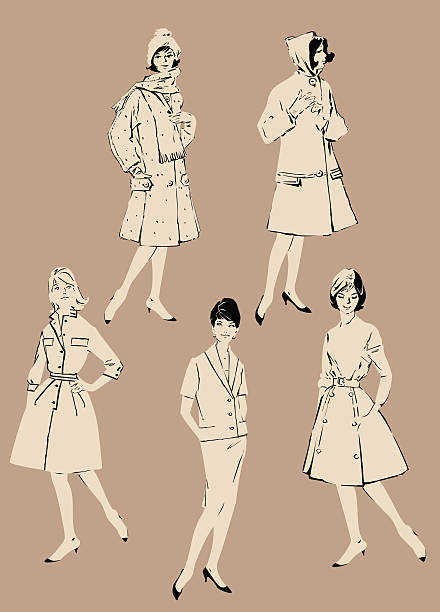 Set of elegant women - retro style fashion models Set of elegant women - retro style fashion models - spring or fall seasons. Image in beige colors 1940s style stock illustrations