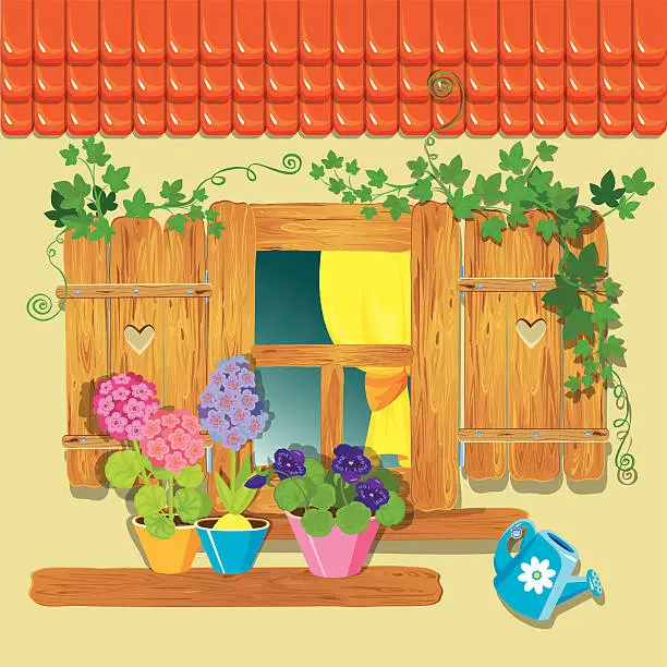 Vector illustration of Window and flowers in pots. Summer or spring season.