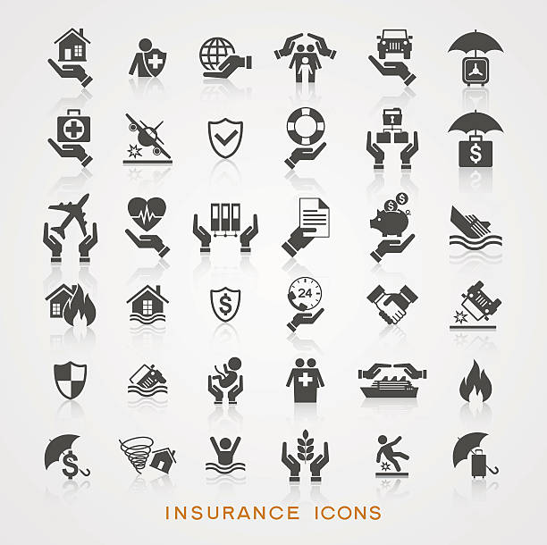 ilustraciones, imágenes clip art, dibujos animados e iconos de stock de conjunto de iconos de seguros - safety business umbrella parasol