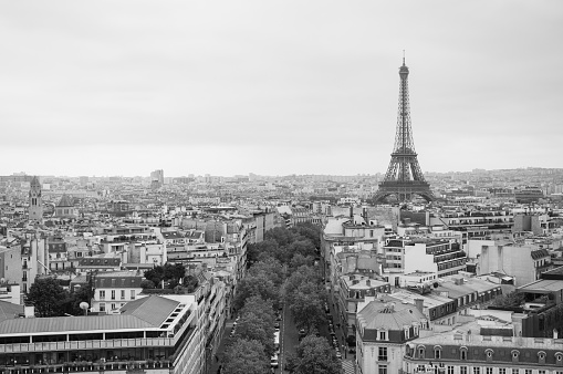 A view of the Eiffel Tower from the Arc de Triomphe in Paris, France.