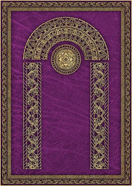 This Hi-Res, Medieval Arabesque Gilded Elaborate Decorative Pattern, with Serpentine-styled Columns, Barrel Vault and Rosette, on Purple Animal Skin Parchment Grunge Texture, is defined with exceptional details and richness, and represents the excellent choice for various CG Projects. 