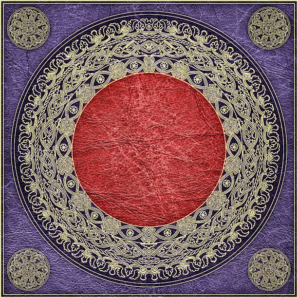 This High Resolution, Medieval Arabesque Rosette-shaped Gilded Elaborate Decorative Pattern, on Old Dark Purple Animal Skin Parchment Grunge Texture, is defined with exceptional details and richness, and represents the excellent choice for implementation within various CG Projects. 