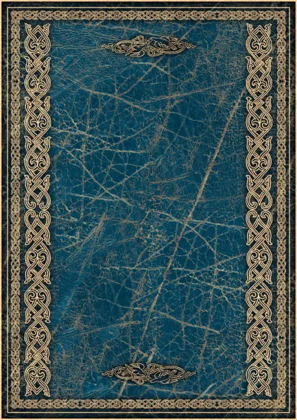 This High Resolution Old Dark Marine Blue Animal Skin Parchment Vignette Grunge Texture, with Medieval, Romanesque Gilded Decorative Arabesque Border, is defined with exceptional details and richness, and represents the excellent choice for implementation within various CG Projects. 