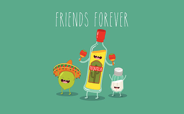 Tequila bottle Tequila bottle, lime and salt shaker. Vector cartoon. Friends forever. Comic characters. nub stock illustrations