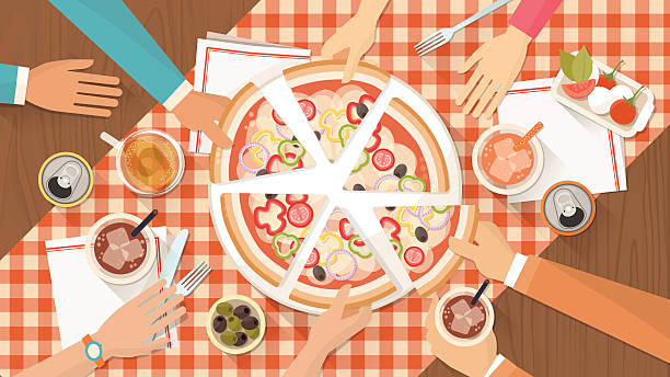Group of friends eating pizza together People having dinner together and sharing a huge pizza with drinks, hands top view above can drink high angle view stock illustrations