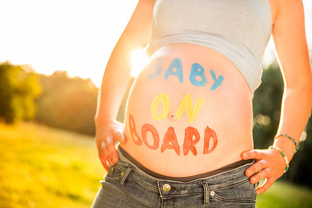 Pregnant Woman With Text baby On Board On Her Belly