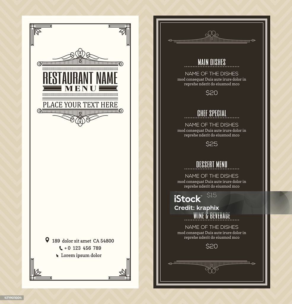 Restaurant or cafe menu design template with vintage retro frame Restaurant or cafe menu vector design template with vintage retro art deco frame style Menu stock vector