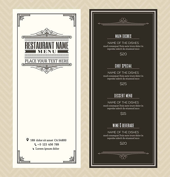 Restaurant or cafe menu design template with vintage retro frame Restaurant or cafe menu vector design template with vintage retro art deco frame style chef borders stock illustrations