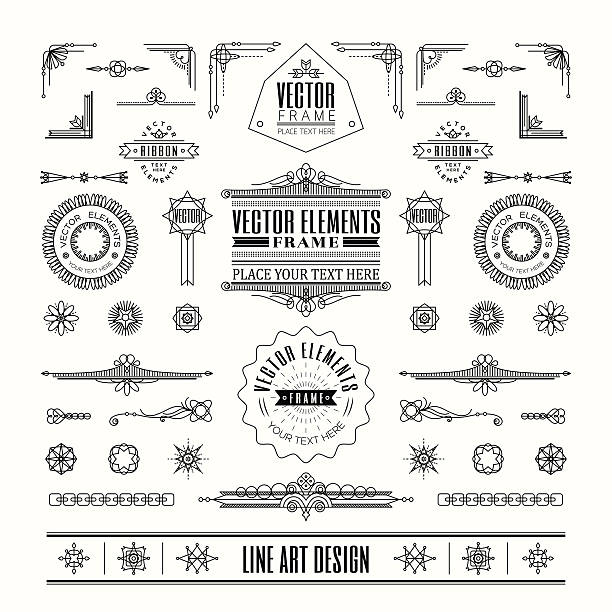 Set of linear thin line art deco retro vintage design elements with frame corner badge in geometric shape