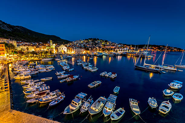 istock Hvar Yacht Harbor at Night, Croatia 471902161