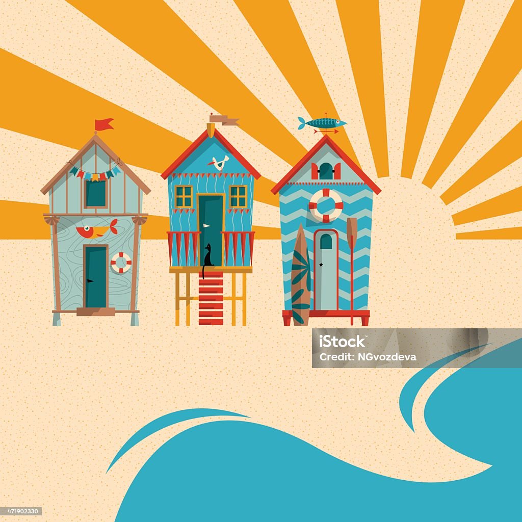 Beach huts with sand, sea and sun in the background. Beach huts with sand, sea and sun in the background. Summer holiday. Vector illustration Beach stock vector