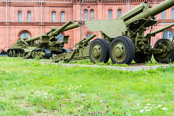istock Old vintage Russian artillery systems and equipment on grass 471903681