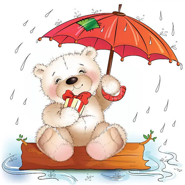 Vector illustration of Teddy bear sits with a gift under the umbrella