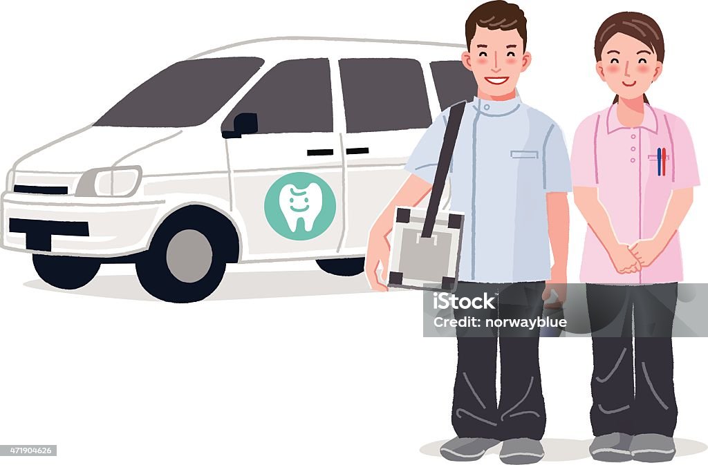 Medical staffs for the dental care at home Dentist and dental nurse smiling with car in the background, before visiting their patient home 2015 stock vector