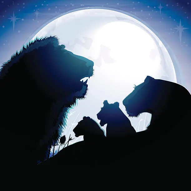 Vector illustration of The Lion's pride silhouettes safari against blue moon