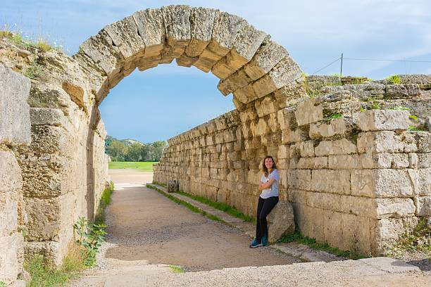 Rocky arch entrance to stadium of ancient Olympia. stock photo