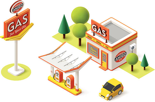 вектор газовый наполнять станция - isometric gas station transportation car stock illustrations