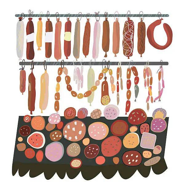 Vector illustration of Sausage sale - many sorts  on the shelves