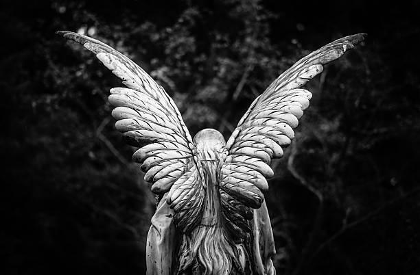 pierre tombale d'ange ailé retour vue - statue angel marble white photos et images de collection