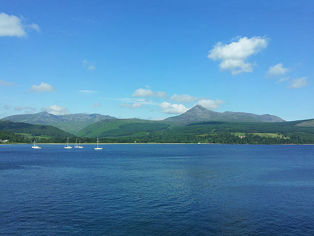 View of the Isle of Arran in the firth of Clyde, showing the highest mountain on the island, Goat Fell and, right of centre, Brodick castle.