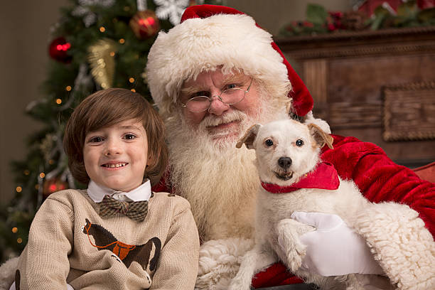 garçon assis avec de vrais santa claus et chien - santa dog photos et images de collection