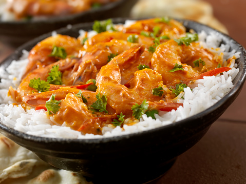 Curry Shrimp Rice Bowl with Fresh Parsley and Naan Bread-Photographed on Hasselblad H1-22mb Camera