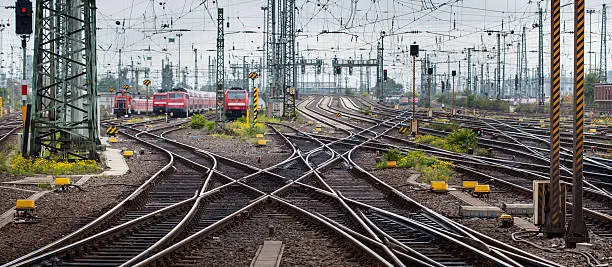 Tracks and trains at the rail yard - panoramic view