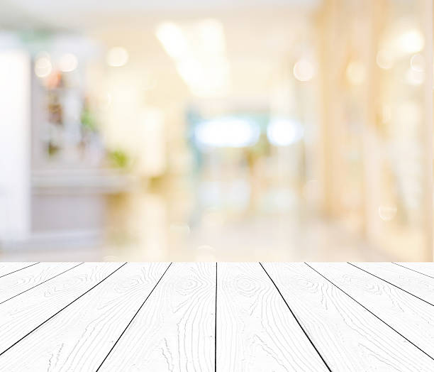 istock Perspective white wood and blurred store with bokeh background 471908688