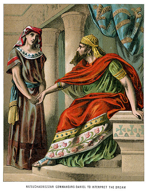 Nebuchadnezzar commanding Daniel Vintage colour lithograph from 1882 Nebuchadnezzar commanding Daniel to interpret the Dream. He is credited with the construction of the Hanging Gardens of Babylon and for the destruction of the First Temple. He is featured in the Book of Daniel and is mentioned in several other books of the Bible. nebuchadnezzar pics stock illustrations