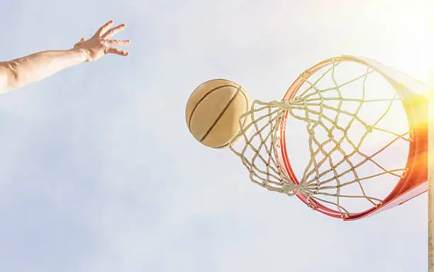 Basketball layup shot scene from just below the net