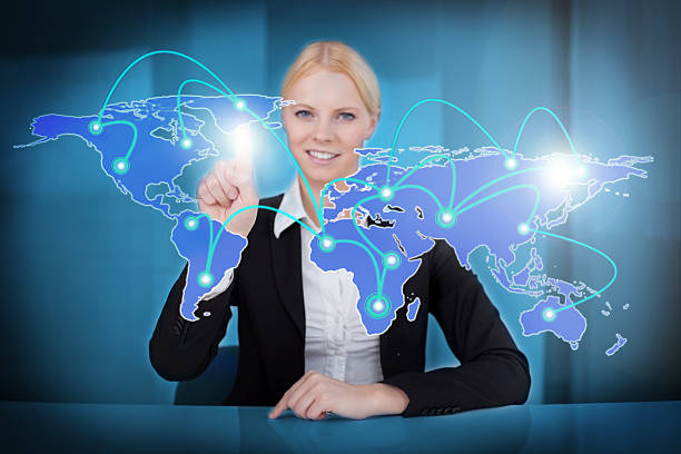 istock Businesswoman Touching Connected World Map 471909610
