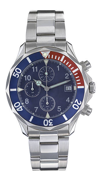 istock Steel cronograph watch with blue and red bezel, blue face 471910319