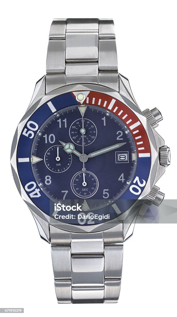 Steel cronograph watch with blue and red bezel, blue face Classic wristwatch with chronograph in steel on a white background Blue Stock Photo