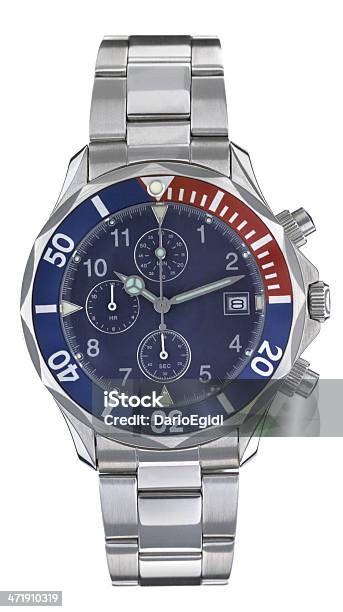 Steel Cronograph Watch With Blue And Red Bezel Blue Face Stock Photo - Download Image Now