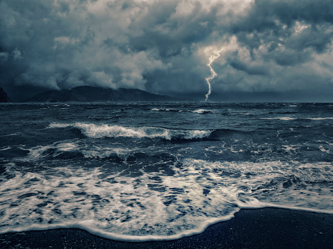 Sea and Lightning in bad weather conditions.