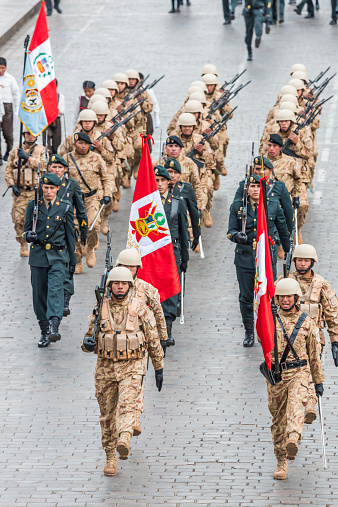 Putrajaya, Malaysia - August 31, 2023: Close up view of the parade contingent marching at the 66th Independence of Malaysia in Putrajaya.